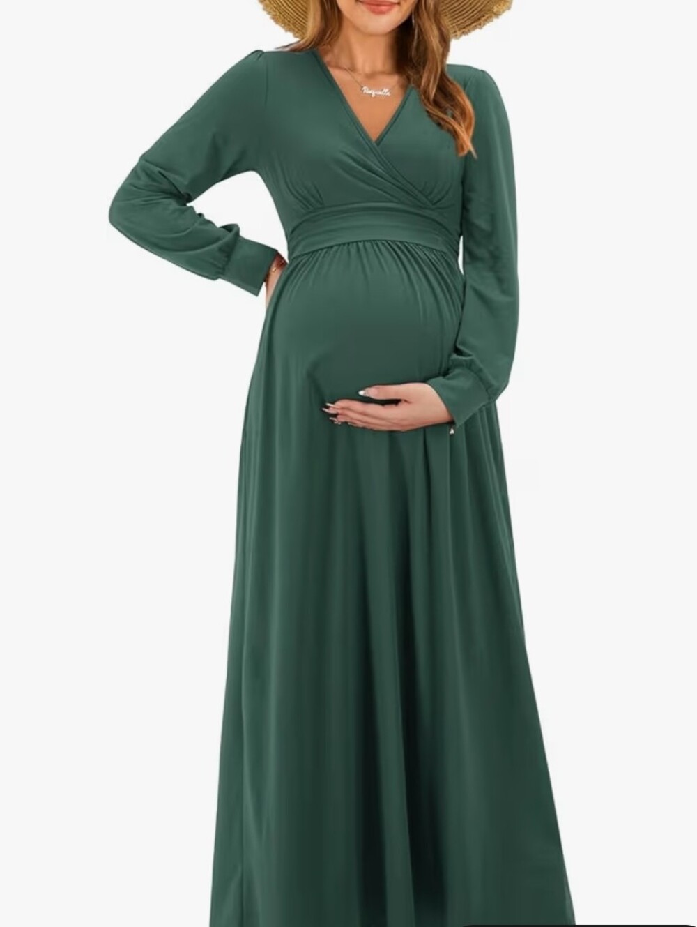 Nursing Maternity Long Sleeve Wrap Maxi Dress Dark Forest Green